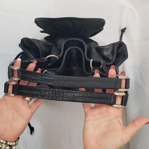 Oxone Paris VINTAGE Rose Embellished Leather Shoulder Drawstring Bucket Bag - Picture 5 of 16